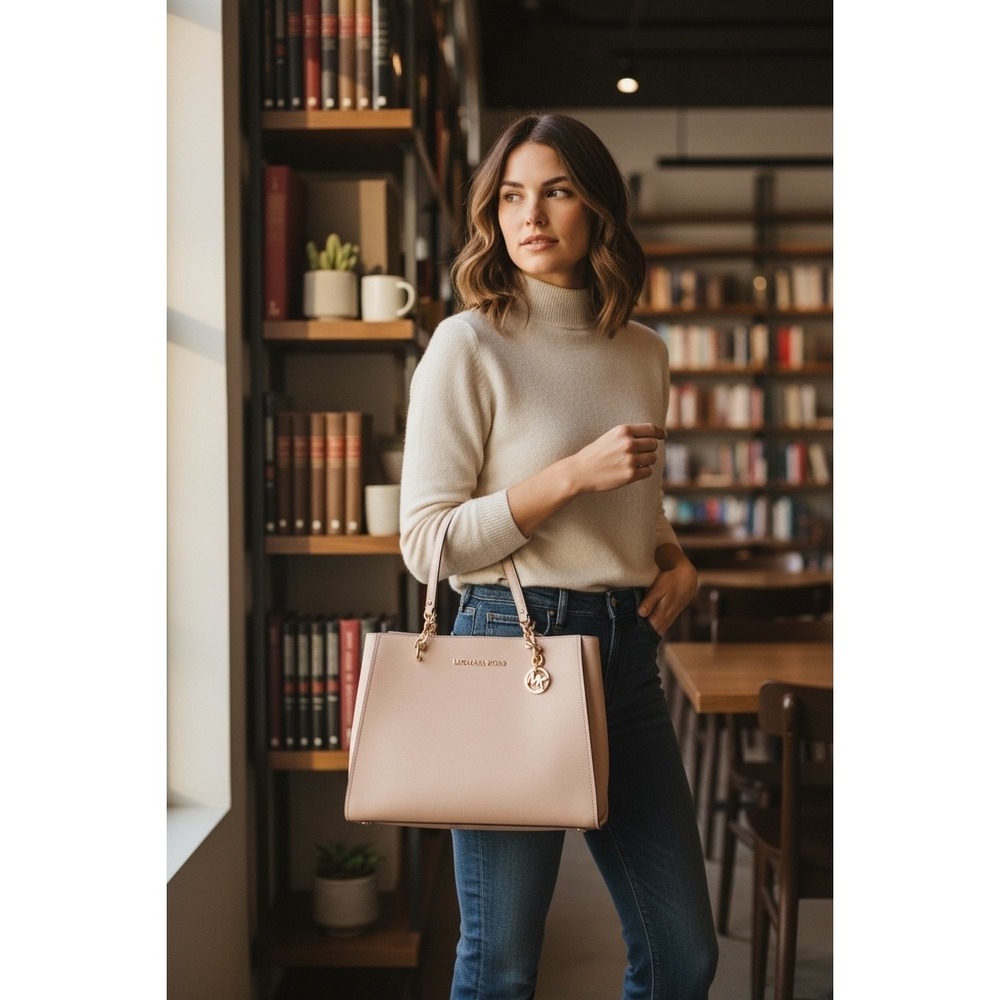 Michael Kors Cynthia Tote Women Large Pink Excellent Saffiano Leather Gold Chain